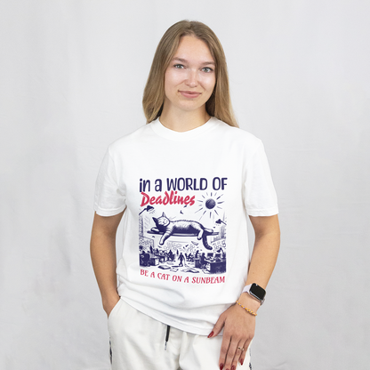 In a World of Deadlines, Be a Cat on a Sunbeam T-Shirt