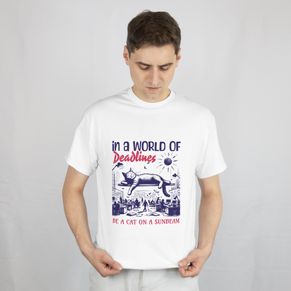 In a World of Deadlines, Be a Cat on a Sunbeam T-Shirt