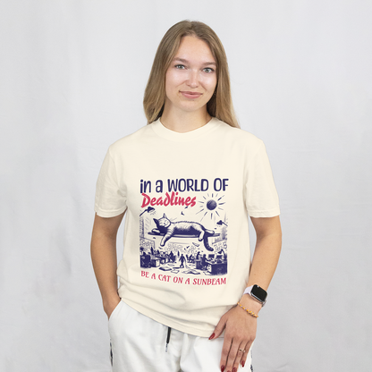In a World of Deadlines, Be a Cat on a Sunbeam T-Shirt