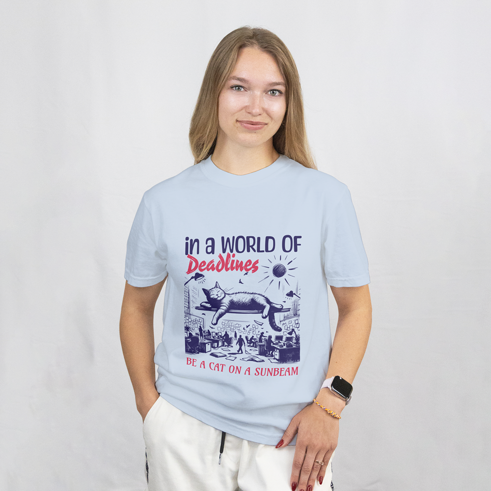 In a World of Deadlines, Be a Cat on a Sunbeam T-Shirt