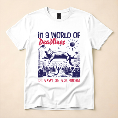 In a World of Deadlines, Be a Cat on a Sunbeam T-Shirt